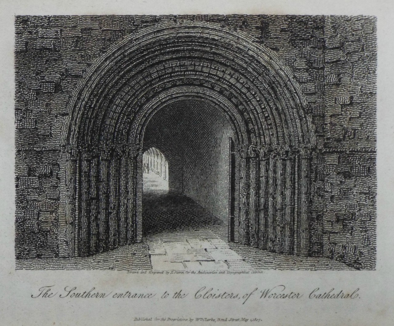Print - The Southern entrance to the Cloisters, of Worcester Cathedral. - Storer
