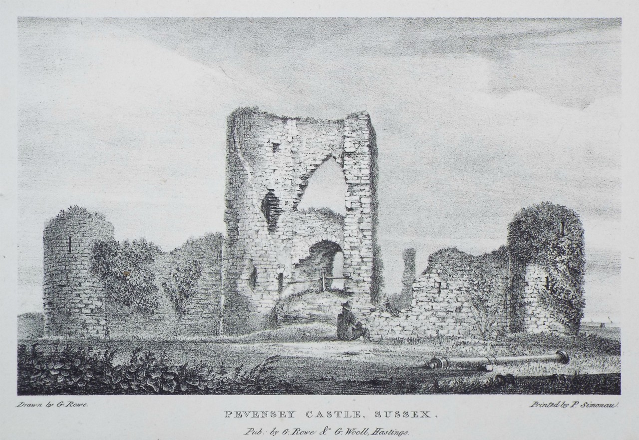Lithograph - Pevensey Castle, Sussex. - Rowe