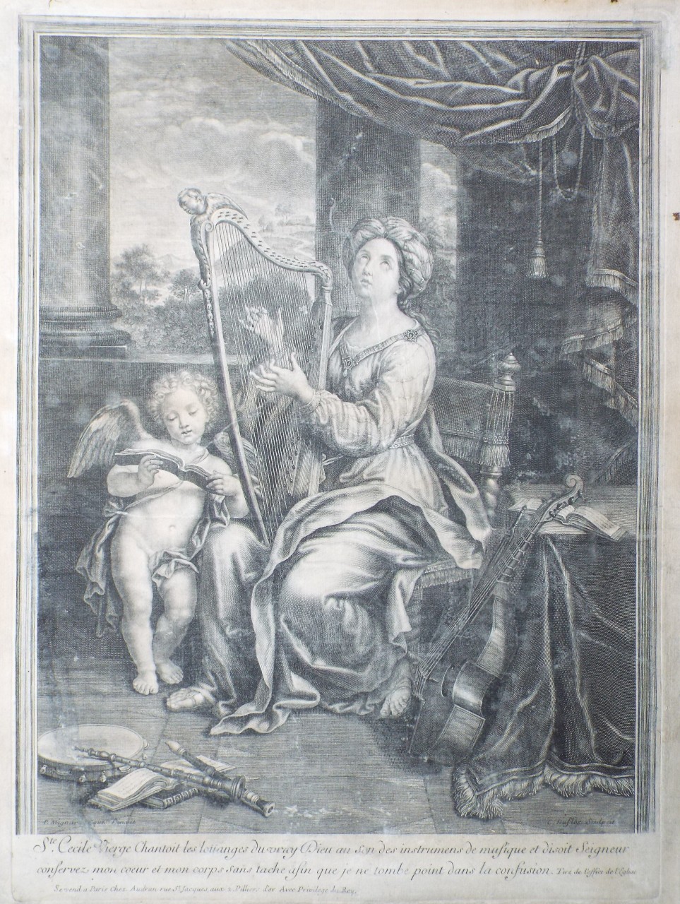 Print - Ste. Cecile Vierge Chantoit les louanges du vraey Dieu au sen des instruments musique et disoit Seigneur conservez mon coeur et mon corps sans tache afin que je ne toimbe point dans la confusion. - Duflos