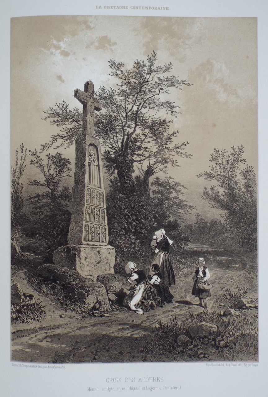 Lithograph - Crox des Apotres. Menhir sculpte, entre l'Hopital et Lagonna. (Finistere) - Ciceri