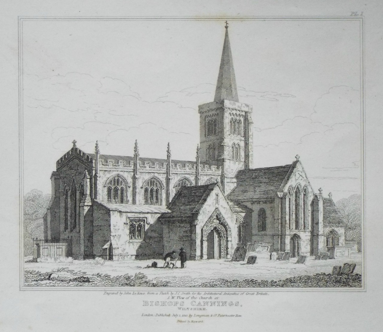 Print - S.W. View of the Church at Bishops Cannings, Wiltshire - Le