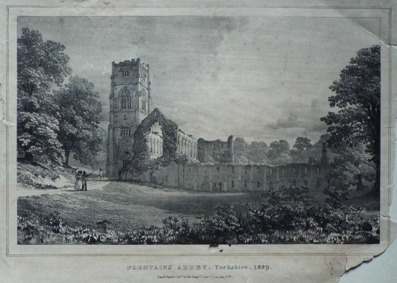 Lithograph - Fountains Abbey, Yorkshire, 1829.