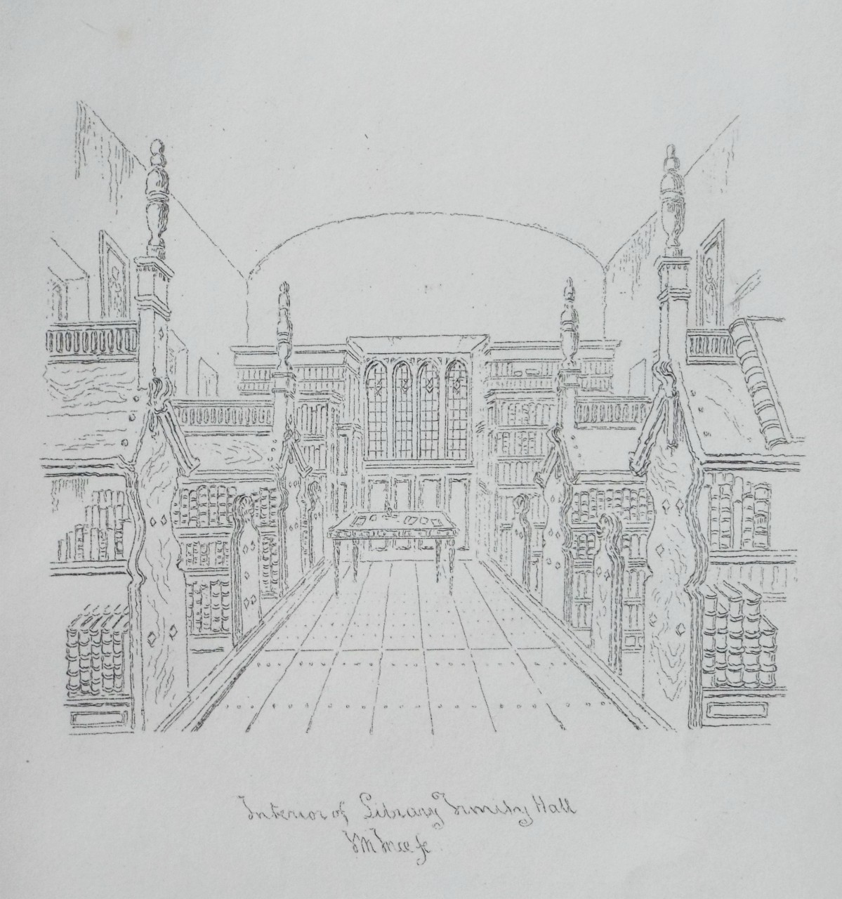 Etching - Interior of Library Trinity Hall - Ince