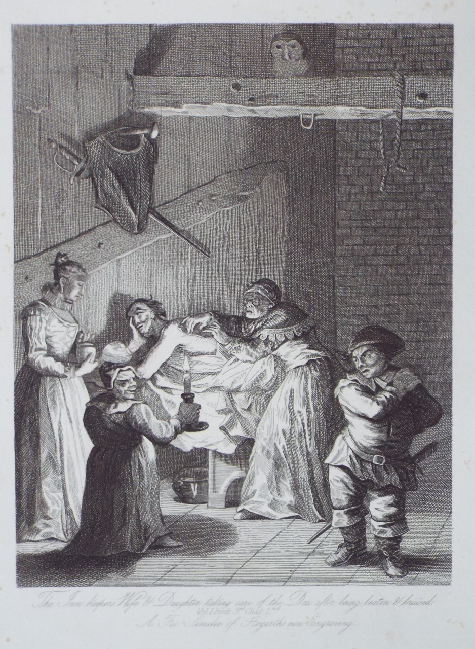 Print - The Inn keepers Wife & Daughter taking care of the Don after being beaten & bruised. Vol.1. Book 3rd. Chap 2nd. A Fac Similie of Hogarth's own Engraving. 