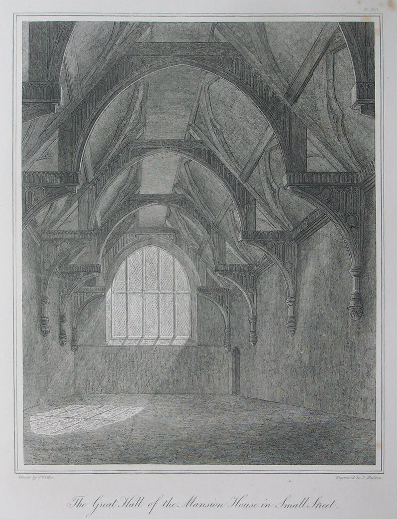 Etching - The Great Hall of the Mansion House in Small Street. - Skelton
