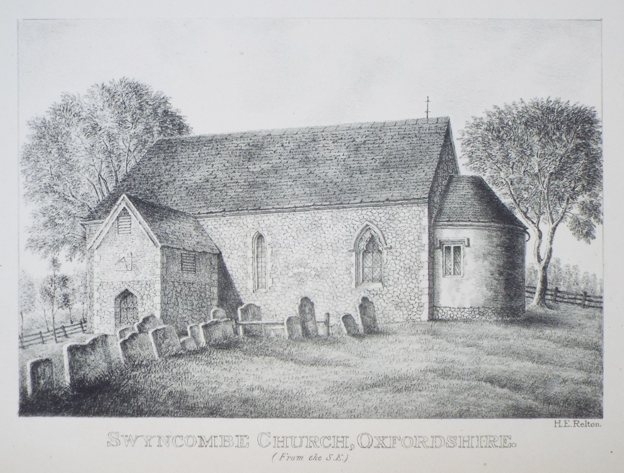 Zinc Lithograph - Swyncombe Church, Oxfordshire. (From the S.E.) - Relton