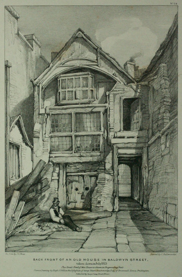 Lithograph - Back Front of an Old House in Baldwyn Street, taken down in July 1823 - Prout