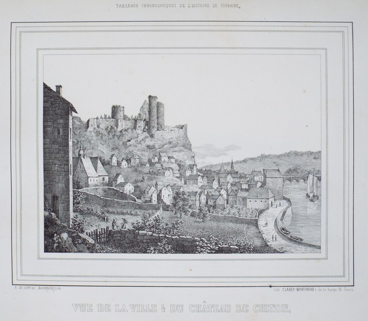 Lithograph - Vue de la Ville et du Chateau de Chinon.