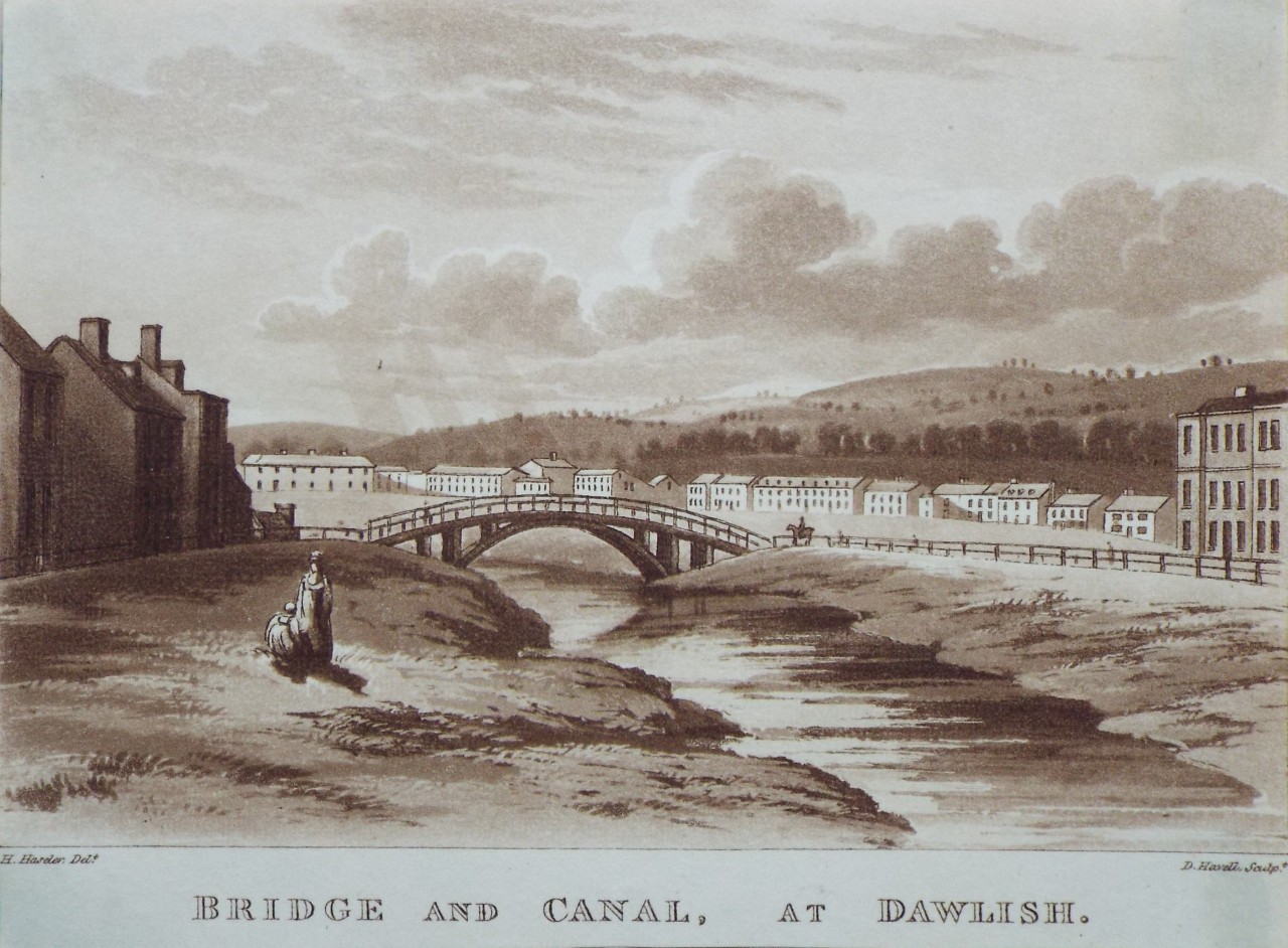 Aquatint - Bridge and Canal, at Dawlish. - Havell