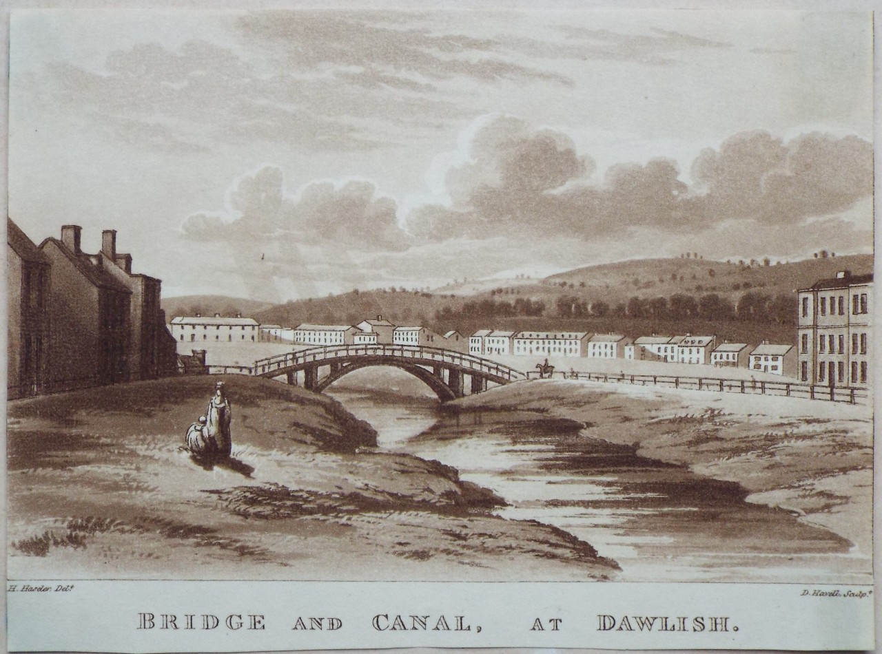 Aquatint - Bridge and Canal, at Dawlish. - Havell