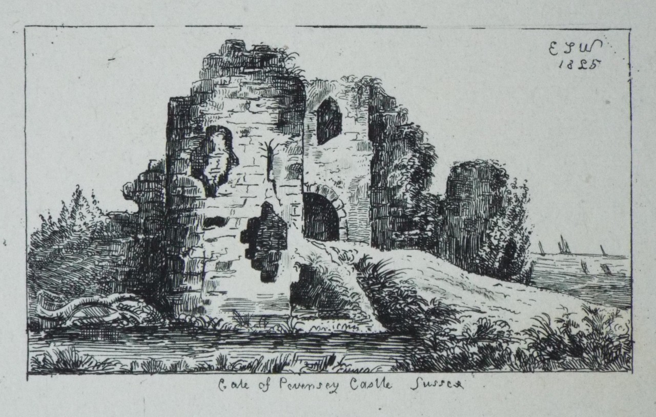 Etching - Gate of Pevensey Castle Sussex - Wilkinson