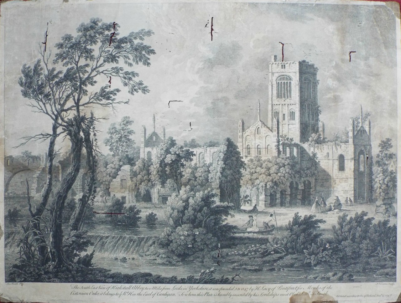 Print - The South East View of Kirkstall Abbey, two Miles from Leeds, in Yorkshire, it was founded A D 1147 by H. Lacy of Pontifract, for Monks of the Cistercian Order, it belongs to ye Rt Hon the Earl of Cardigan. To whom this Plate is humbly inscribd by his Lordship's most Obedt. Servt. T. Smith. - Vivares