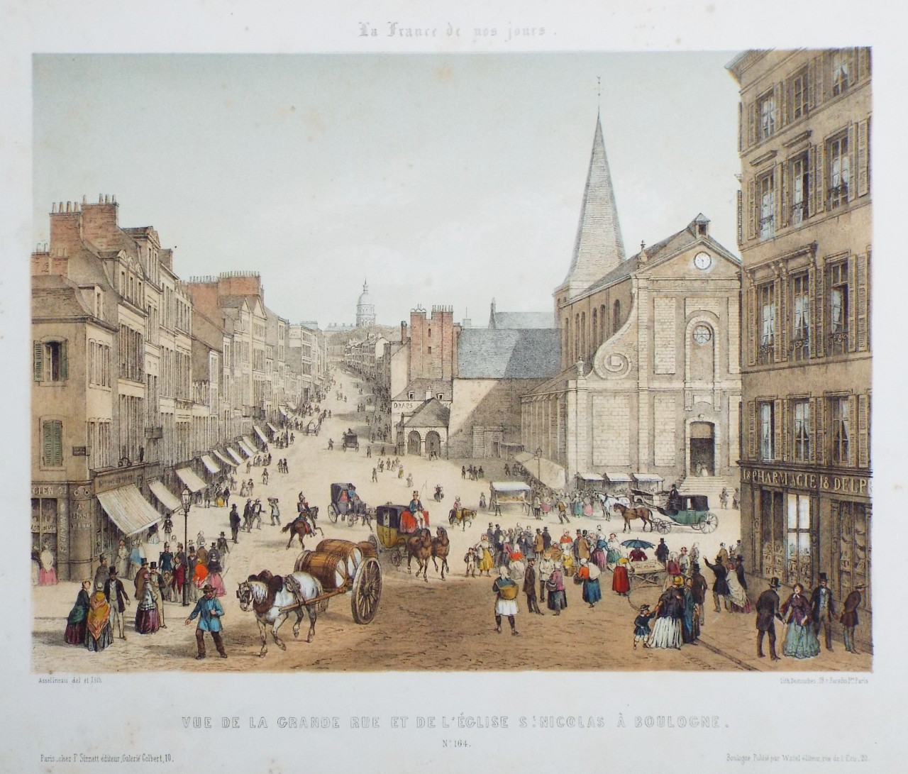 Lithograph - Vue de la Grande Rue et de l Église St. Nicolas À Boulogne - 