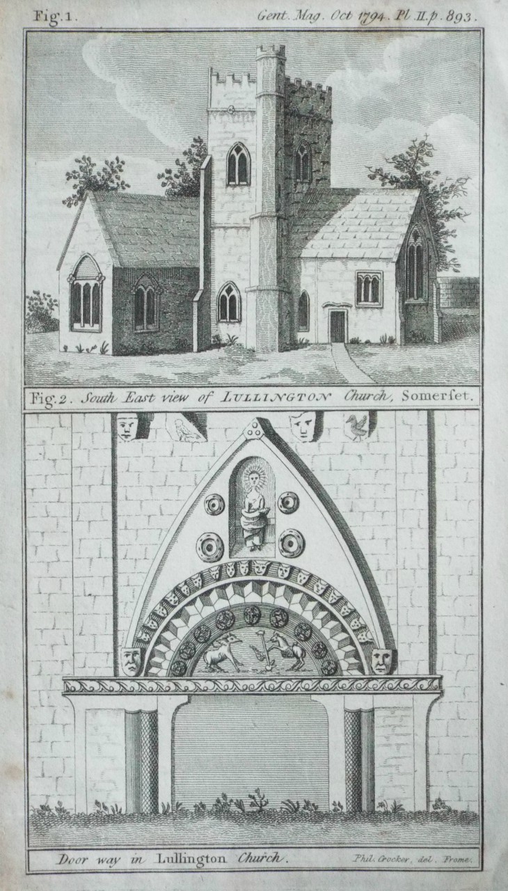 Print - South East View of Lullington Church, Somersetshire. Door Way in Lullington Church.