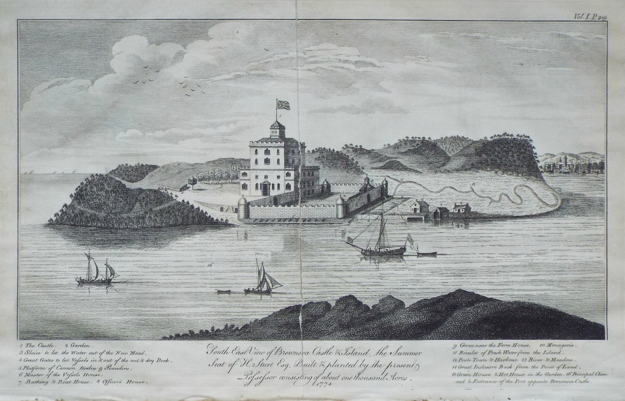 Print - South East View of Brownsea Castle & Island, the Summer Seat of H. Sturt Esq. Built & planted by the present Possessor consisting of about one thousand Acres. 1774.